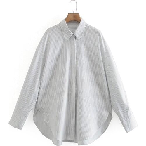 Ladies Long Sleeve Lapel White Blouse Loose Street Casual Shirt Striped Printed Shirt Female Work Office Blouse