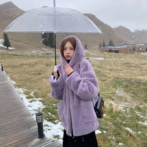 Women 2021 Winter Fashion New Faux Fur Hood Coat Female Loose Fake Rabbit Fur Jackets Ladies Solid Color Warm Overcoats R328