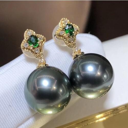 D410 Pearl Earrings Fien Jewelry Solid 18K Gold Diamond Natural 9-10mm Ocean Sea Water Round Tahiti Pearls Earrings for Women
