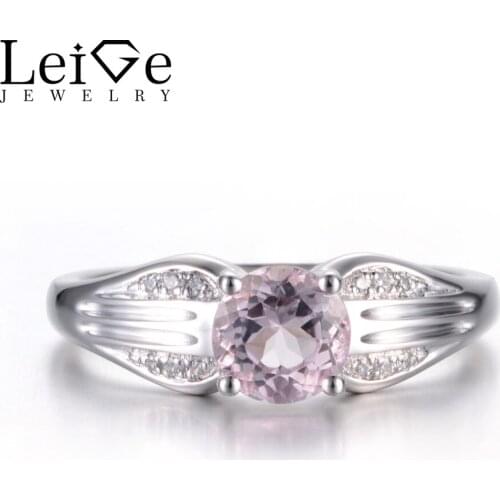 Leige Jewelry Natural Pink Morganite Rings Proposal Rings Round Cut Gemstone Solid 925 Sterling Silver Romantic Gifts for Women