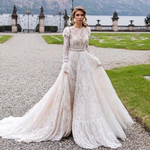 Robes De Mariage Lace Long Sleeve Wedding Dresses Cut-out Back Trouwjurk O-Neck Sukienka Na Wesele Simple Vestidos De Novia