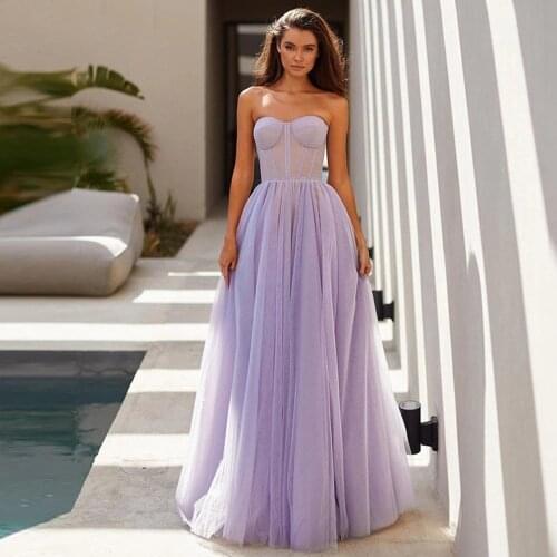 Elegant Lavender A-Line Tulle Strapless Evening Dress 2021 Sleeveless Floor Length Simple Formal Long Prom Gowns