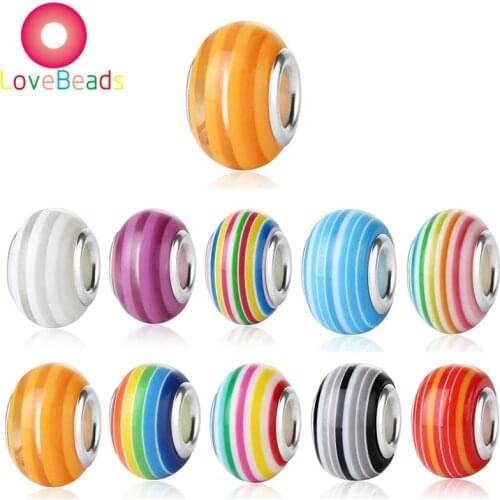 10Pcs New Rainbow Stripe Color 14x8mm Resin Murano Rondelle Big Hole European Spacer Beads Fit Pandora Bracelet Bangle Jewelry