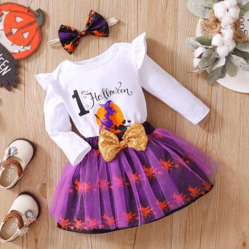 3PCS Baby Toddler Girls My First Halloween Outfits, Long Sleeve Letter Print Romper + Tulle Skirt + Headband Set