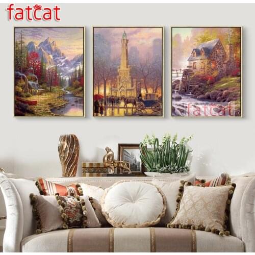 FATCAT Snow mountain house river diy 5d diamond painting full square round drill mosaic embroidery sale triptych kits AE2604
