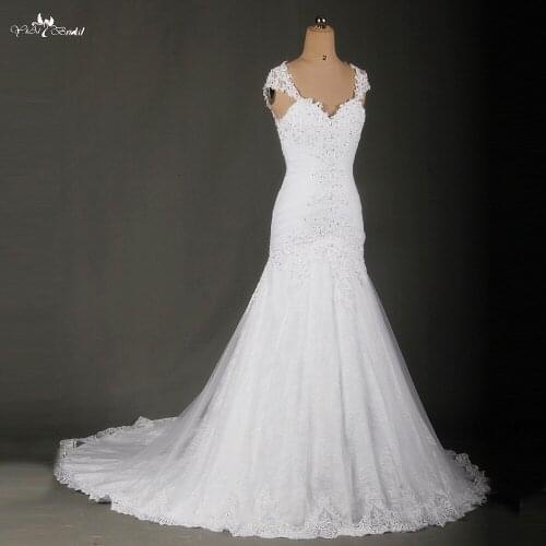 White Lace Mermaid Wedding Dresses Cap Sleeves Backless Lace Sereia Vestidos De Casamento Noiva 2015 RSW726