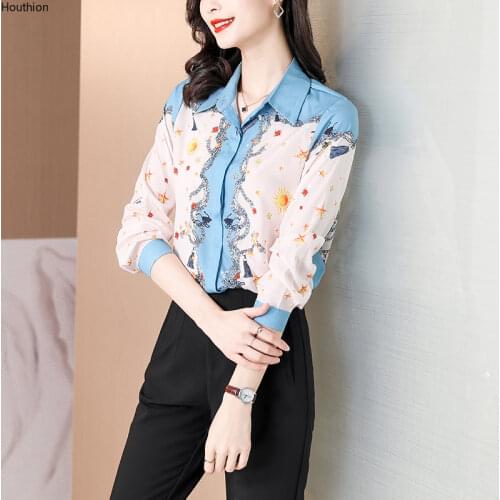 Womens Blouse Print Loose Polo Girls Shirt Summer Fashion Casual Plus Size Long Sleeve Top Chiffon Lady Blusas Houthion