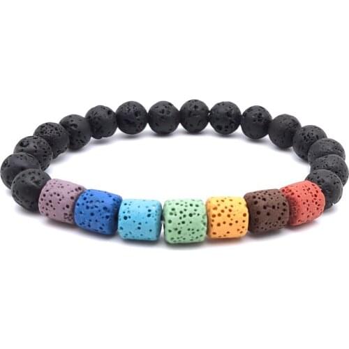 8mm Healing Seven Chakras Bracelet Cylinder Lava Stone Essential Oil Diffuser Black Beads Buddha Yoga Strand Women Men Jewelry