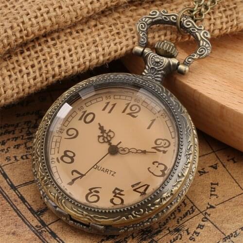 Transparent Coffee Glass Display Quartz Necklace Watch Retro Bronze Pendant Chain Pocket Clock Xmas Gifts Men Women