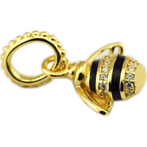 CKK Silver 925 Jewelry Fits Pandora Bracelets Gold-Plated Queen Bee Pendant, Black Enamel Charms Original Beads