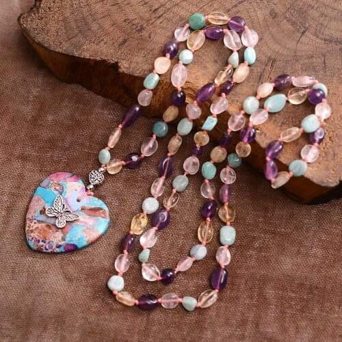 Butterfly Living Color Heart Pendant Amazonite Stones Handmade Knotted Beads Long Necklace