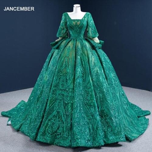 J67223 Elegant Half Sleeve Square Collar Neck Muslim Green Evening Dress 2020 Ball Gowns Lace Up Back