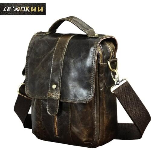 Leather Male Fashion Casual Tote Messenger bag Grey Design Satchel Crossbody One Shoulder bag 8" School Tablets Bag For Men 146g