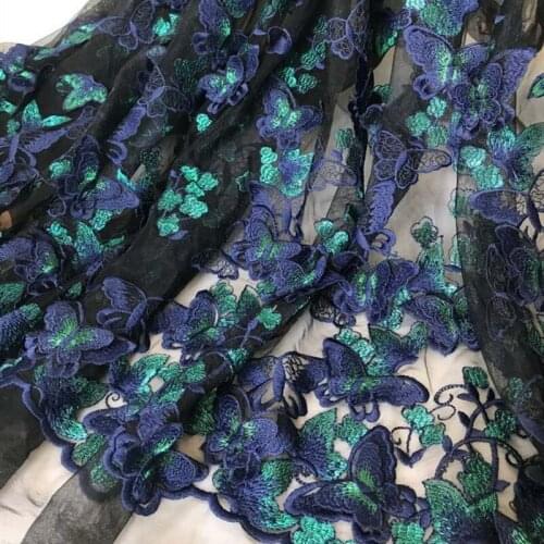 1 Yard Beautiful 3d butterfly lace fabric, navy blue and green butterfly on black tulle fabric, lace dress or curtains fabric