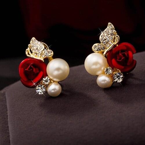 Lady Woman 1 Pair Earrings Red Rose Flower Imitation Pearl Exquisite Plated Crystal Stud Prevent Allergy Earring Кольцо Женское