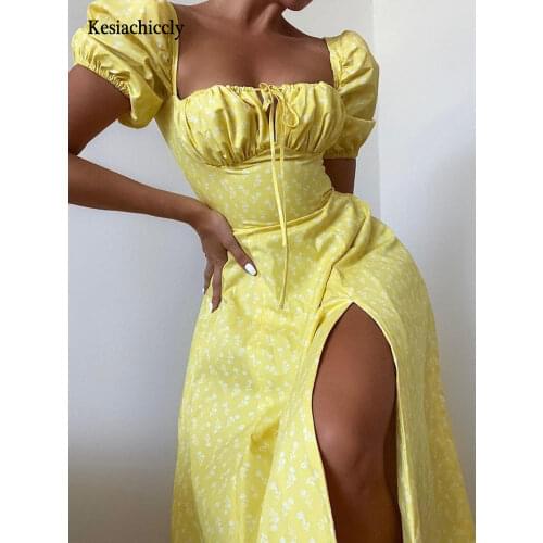 Kesiachiccly Print Summer Dress Women Floral Short Puff Sleeves Square Collar Holiday Dress Female Drawstring High Slit Dress