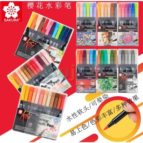 Sakura Koi Coloring Brush Pen Set, 6 12 48 colors, Water Based Ink Watercolor Pens Blendable Transparent Color