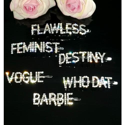 New Arrival Hot Letters Crystal Hairclips "FEMINIST,FLAWLESS,DESTINY,VOGUE,WHO DAT" Words Hair Pin Hair Jewelry WHOLESALE