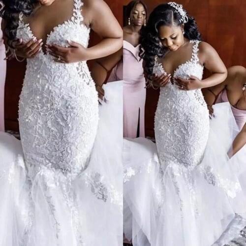 African Lace Wedding Dress V-Neck Mermaid Plus Size Floral Appliques Spaghetti Straps Sleeveless Bridal Gowns