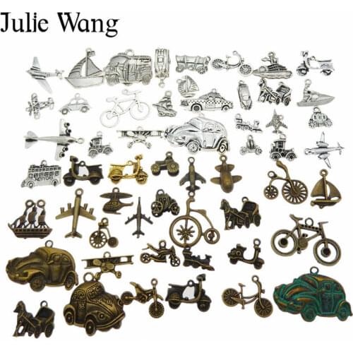 Julie Wang 20PCS Alloy Bus Car Ship Bike Plane Charms Randomly Mix Transportation Jewelry Making Pendant Findings Accessory