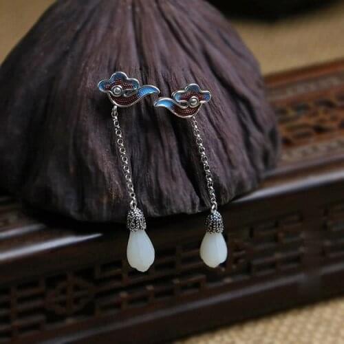 Natural Hetian White Magnolia Orchid Enamel Porcelain Tassel Earrings Chinese Retro Thai Silver Charm Womens Brand Jewelry