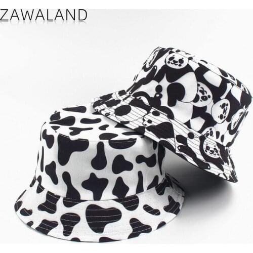 Zawaland Cartoon Cow Pattern Printing Fisherman Hats Women New Double-Sided Basin Caps Men Summer Outdoor Wide Brim Bucket Hats