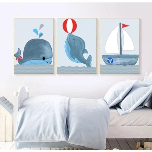 Nordic Cartoon Sailor Sea Lion Dolphin Bear Canvas Painting Wall Art Prints and Posters Animal Pictures for Living Room Decor