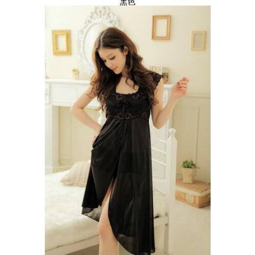Sexy Lingerie Womens ice silk condole belt black suit t pants new pearl dress set sleepwear