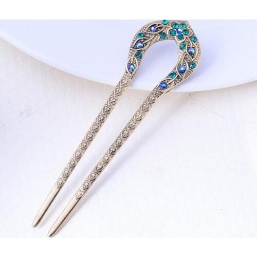 Vintage Hair Accessories Antique Bronze Plated Hairpins U shape Hair Stick Pin Women Rhinestone Flower Hair Jewelry