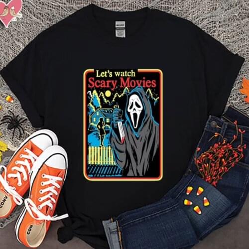 Lets Watch Scary Movies Funny Halloween Women T Shirts Black Skeleton Skull Tshirt Witch Grunge Hippie Ghost Clothes Cotton Tee