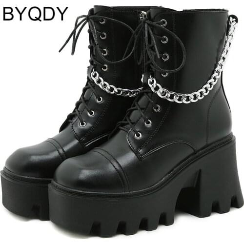 BYQDY New Sexy Chain Women Leather Autumn Boots Block Heel Gothic Black Punk Style Platform Shoes Female Footwear High Quality