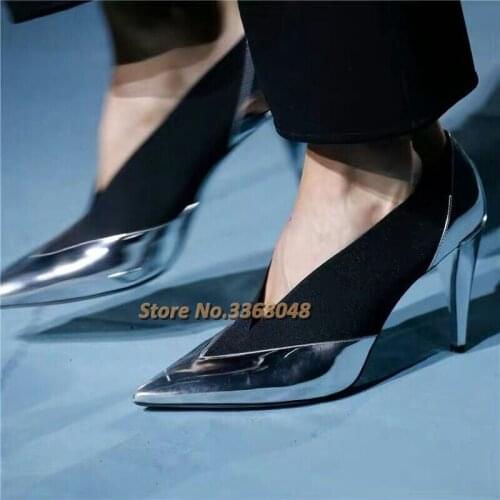 Patchwork Sexy Pointed Toe Pumps Slip On Leather Stretch Fabric Thin High Heel Runway Women Shoes Fashion European Pumps Dress