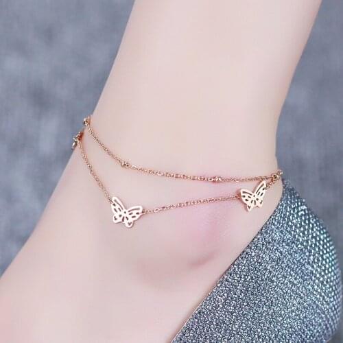 Rose gold color hollow butterfly anklet double chaine de cheville pour femme, stainless steel anklets for women foot jewelry