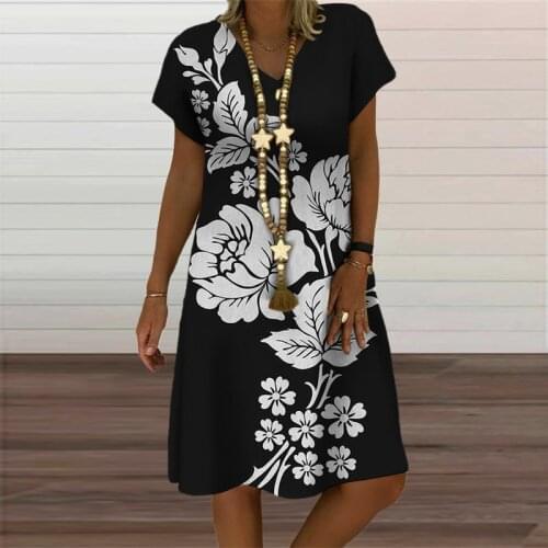 Rose Floral Print Vintage Dress for Womens Clothing 2021 Summer Casual Short Sleeve V-Neck Plus Size Loose Mini Sundress Ladies