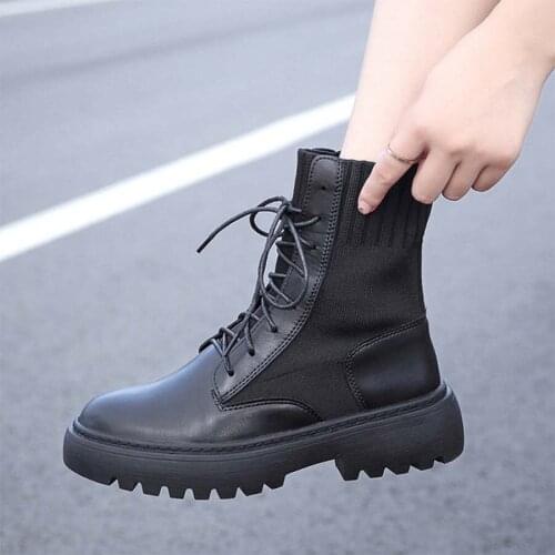 2019 Flat Platform Boots Women Shoes Autumn Winter Fur Fashion Round Toe Lace-up Leather Boots Ladies Shoes