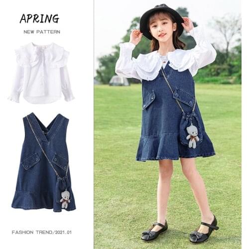 2021 Kids Clothing Set for Girls Children Cute Clothes 6 8 12 14 Years Autumn Blouse + Denim Mini Dress 2 Piece Sets Teen Girls