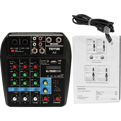 TU04 BT 4 Channels Sound Mixing Console Record 48V Phantom Power Monitor AUX Paths Plus Effects Audio Mixer with USB