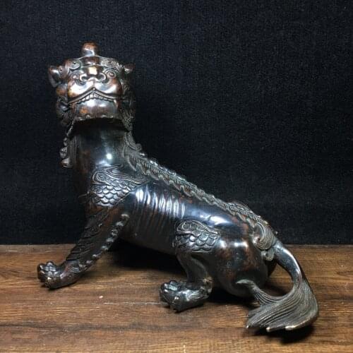 9" Tibet Buddhism Old Bronze Cinnabar Ksitigarbha mount Di listen statue Unicorn Filial beast Town House Ward off evil spirits