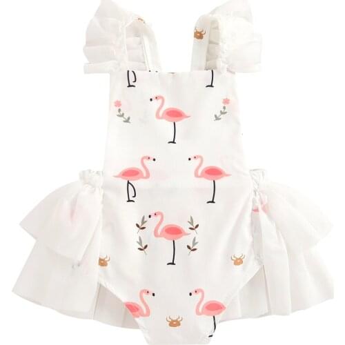 New Infants Girl Romper Tops, Lace Flamingo Printed Fly Sleeves Home Sleeping Kids High Waist Clothes, Summer