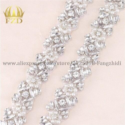 FZD Wholesale 30 Yard Handmade Hot Fix Sewing on beaded applique Rhinestone Appliques for Wedding Gown Iron on Bridesmaid Belt