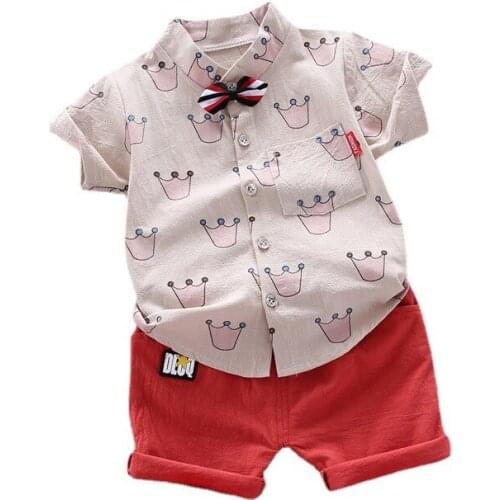 New Boys Fashion Clothing Sets Summer Gentleman Suits Kids Girls Full Print Crown Tie Shirt+shorts 2pcs Infant Clothing Sets
