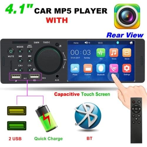 4.1Inch 1 Din Dual USB Bluetooth Touch Screen MP5 Player Auto Stereo Radio Support Fast Phone Charging and Rear View Camera