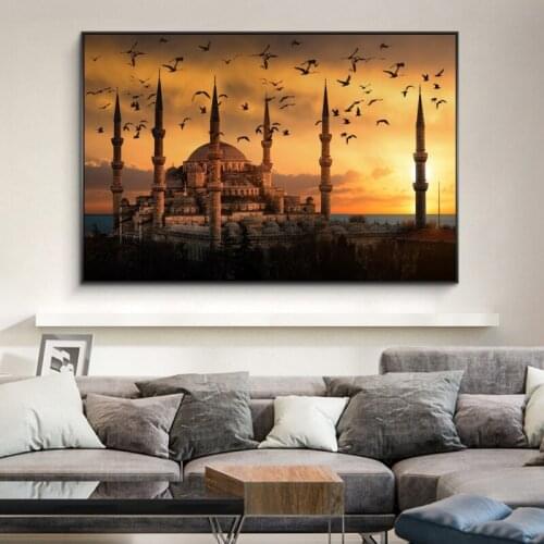 Muslim Mosque Sunset View Canvas Paintings on The Wall Art Posters Islamic Art Realistic Landscape Decorative Pictures Cuadros