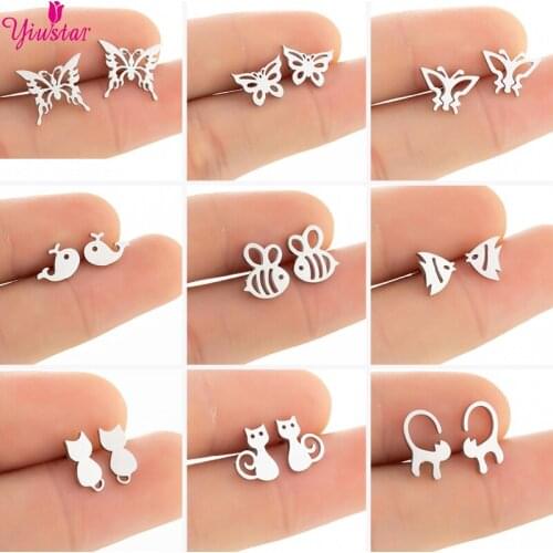 Stainless Steel 11 Styles Personalize Earrings Female Women Metal Silver Color Fish Cat Geometric Jewelry New Year Gift 2020