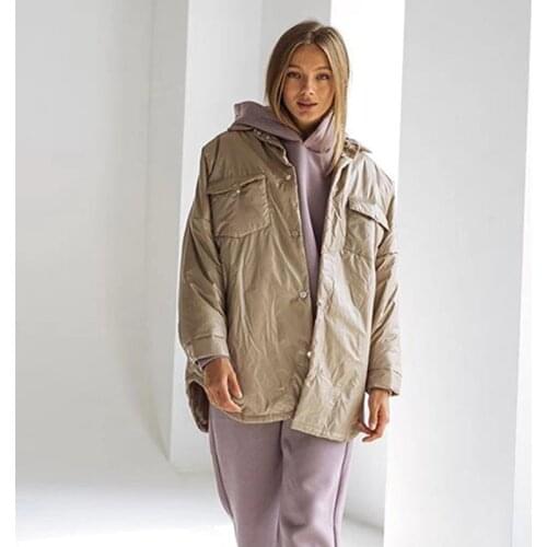 Fandy Lokar Loose Solid Parkas Women Fashion Casual Tie Belt Coats Women Elegant Front Pockets Cotton Jackets Female Ladies