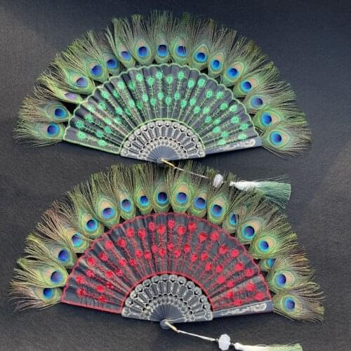 Peacock Feather Black Pole Sequin Design Plastic Folding Fan Retro Style Hand Fan for Wedding Party Ball Costume Dancing