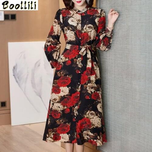 Boollili Real Silk Dress Women Print Dresses Fashion Midi Women Spring Autumn Dress Korean Party Dress Vintage Vestido Mujer