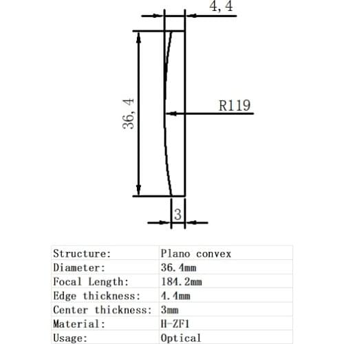 Plano Convex Lens Diameter 36.4mm Focal Length 184.2mm H-ZF1 Glass Lens Optical Glass Optical Lens