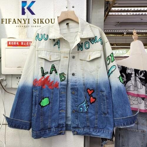 Jeans Jacket Women Streetwear 2021 New Letter Print Fashion Gradient Color Denim Jackets Female Pocket Lapel Loose Jeans Coat