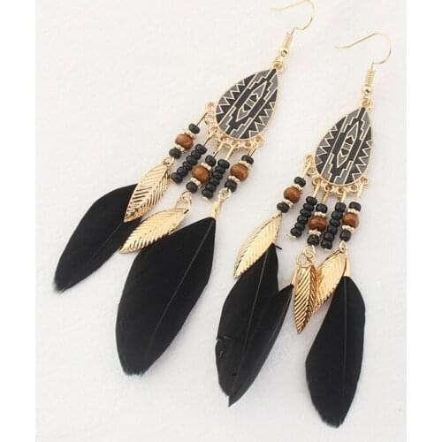 Women Fashion Bohemian Earrings Feather Long Tassel Fringe Boho Dangle Earrings